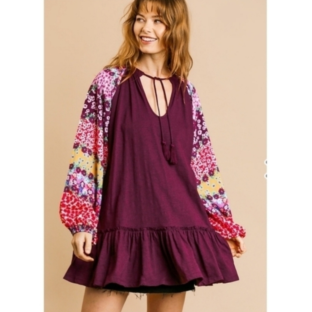 Umgee Boho Purple Floral Longsleeve Tunic Dress Size Small